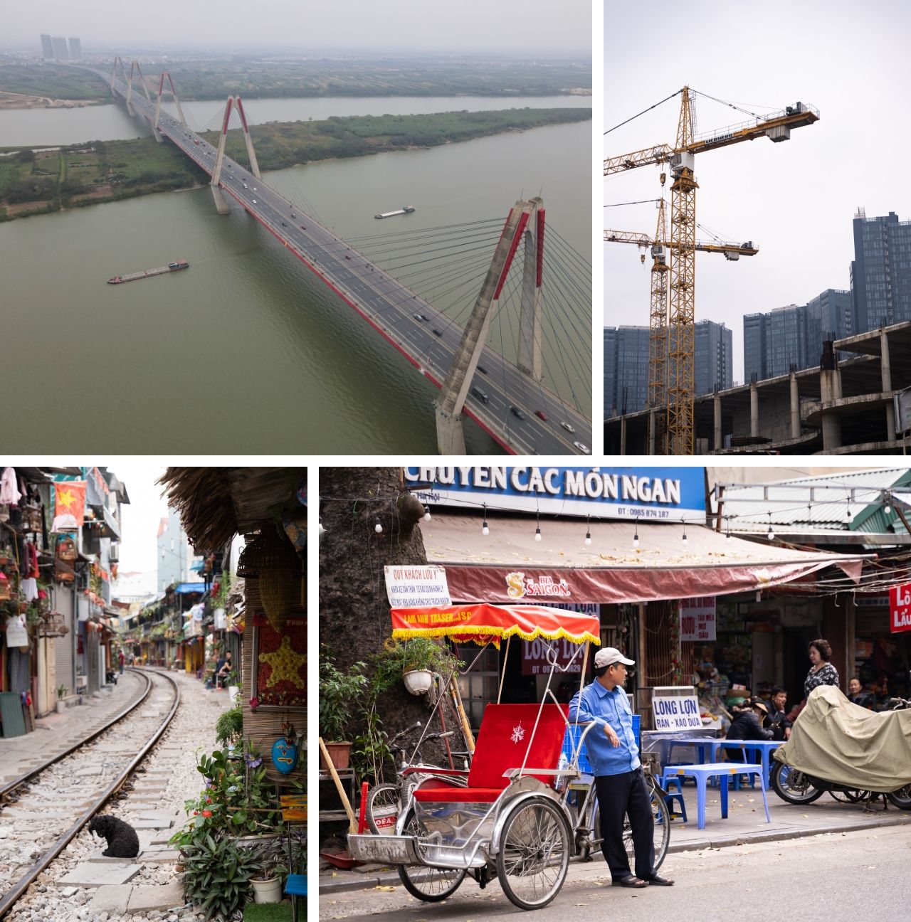 Photo of Growth and tradition coexist in Hanoi. Construction work is underway throughout the city, and the Nhat Tan Bridge (top left, opened in 2015), which was financed by Japanese ODA, is contributing to the lives of the residents. There are also sights that have not changed, such as the train street where shops and houses line both sides of a railway track.
