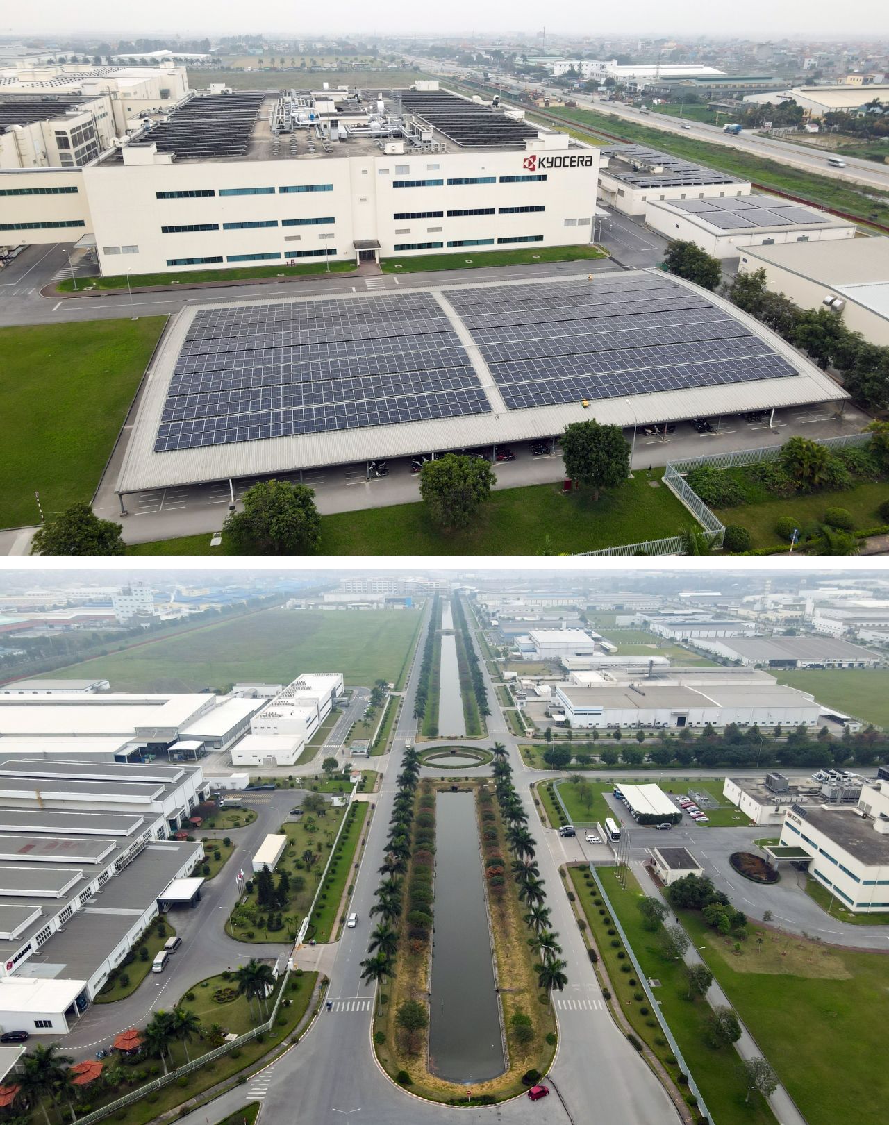 Photo of Solar panels being installed on factory roofs in TLIP to secure a stable supply of power and as an environmental measure (top). The vast site is even equipped with channels and retention basins to store rainwater for flood control (bottom). (Both photos are of TLIP II).