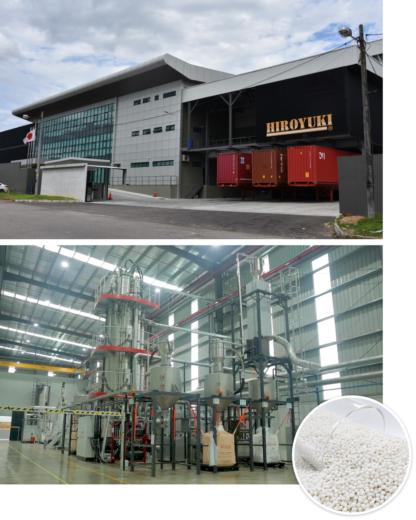 Photo of Plant 3 in Malaysia completed in 2019. Its main operation is the manufacture of food grade recycled PET resin (right) from used PET bottles 