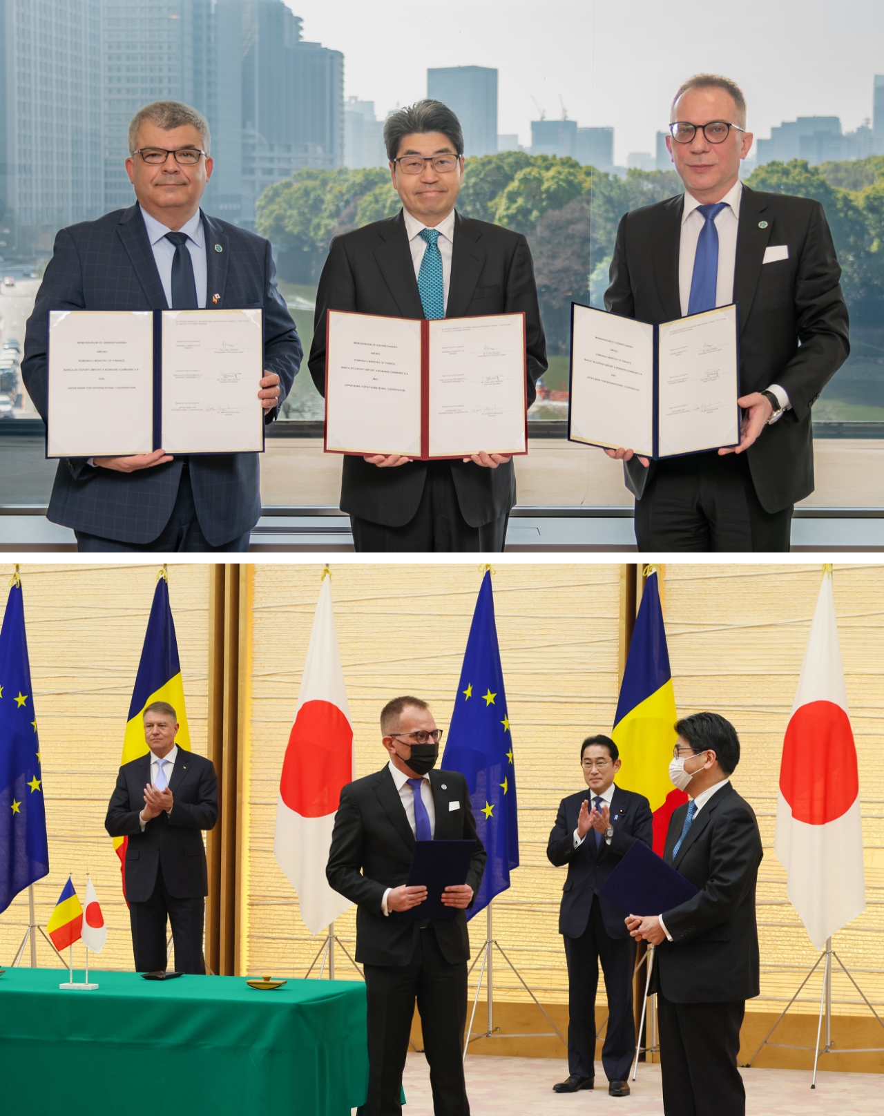Photos of Top: At the signing cer- emony (From left: H.E. Mr. Ovidiu Dranga, Ambassador Extraordinary and Plenipotentiary of Romania to Japan (representing the Ministry of Finance), JBIC Governor Mr. HAYASHI Nobumitsu, EximBank Executive President Mr. Traian Sorin Halalai) / Bottom: Ceremony for the exchange of the MOU held during the Japan-Romania Summit Meeting
                    