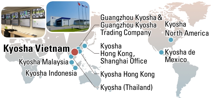 Photo of Straddling the Pacific Ocean, a production and marketing system has been built around the world—in China, Southeast Asia, North America, and Latin America. IT is used for the autonomous management of the Vietnam Plant.（Photo right: exterior; Photo left: system control room）