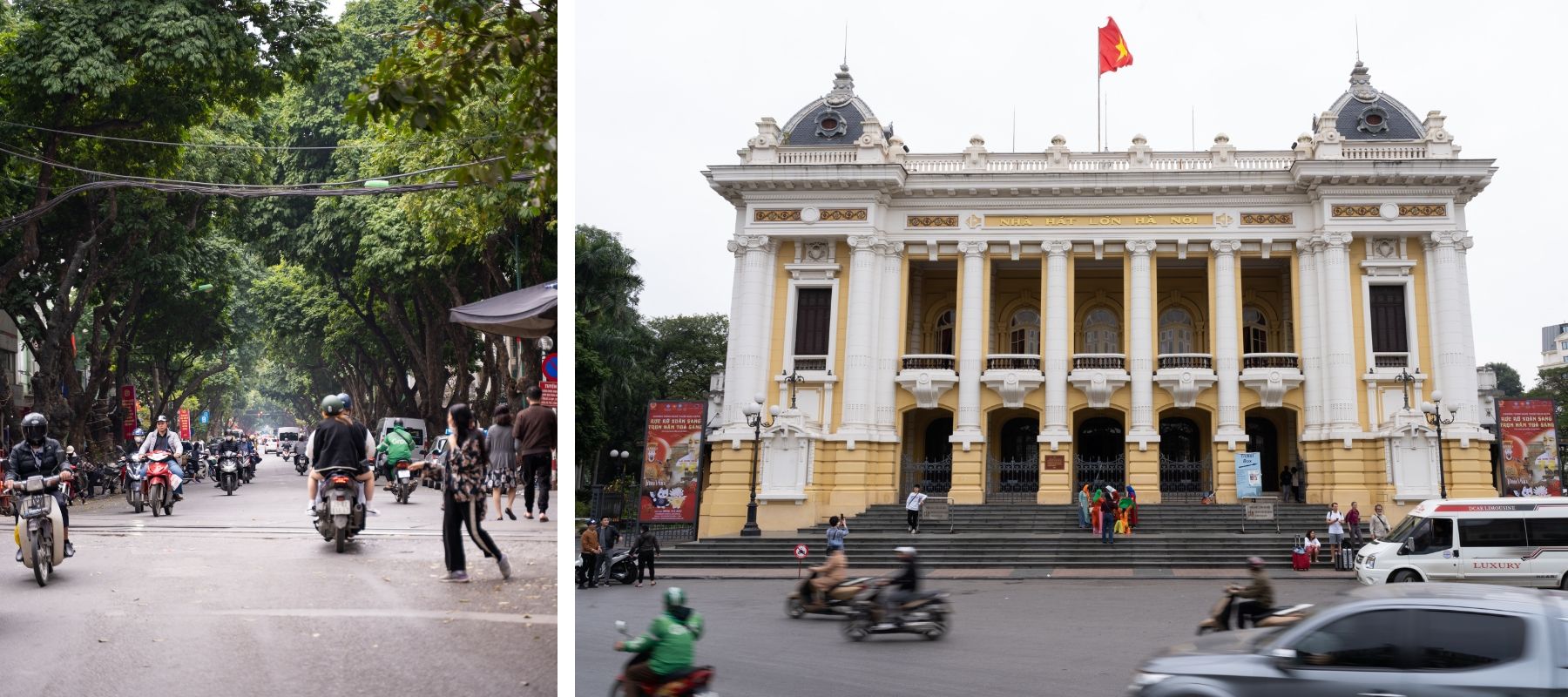 Photo of Motorbikes are still the main mode of transportation for the residents of Hanoi, but automobiles are increasing (left). Completed in 1911, the Hanoi Opera House boasts a history of over 100 years. In the developing city of Hanoi, it is one of the remaining structures conveying the charm of old Vietnam (right).