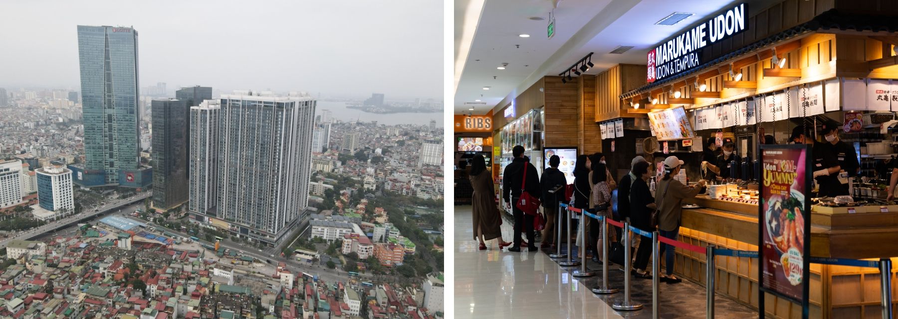 Photo of In the center right of the photo is the Vincom Center Metropolis, a large shopping mall (upper floors are high-end residences) operated by the local conglomerate, Vingroup. Around it, the old cityscape with its low-rises still remains, as if symbolizing the uneven development of Hanoi (left). Hanoi’s Vincom Center Metropolis has many Japanese restaurants that enjoy popularity (right)