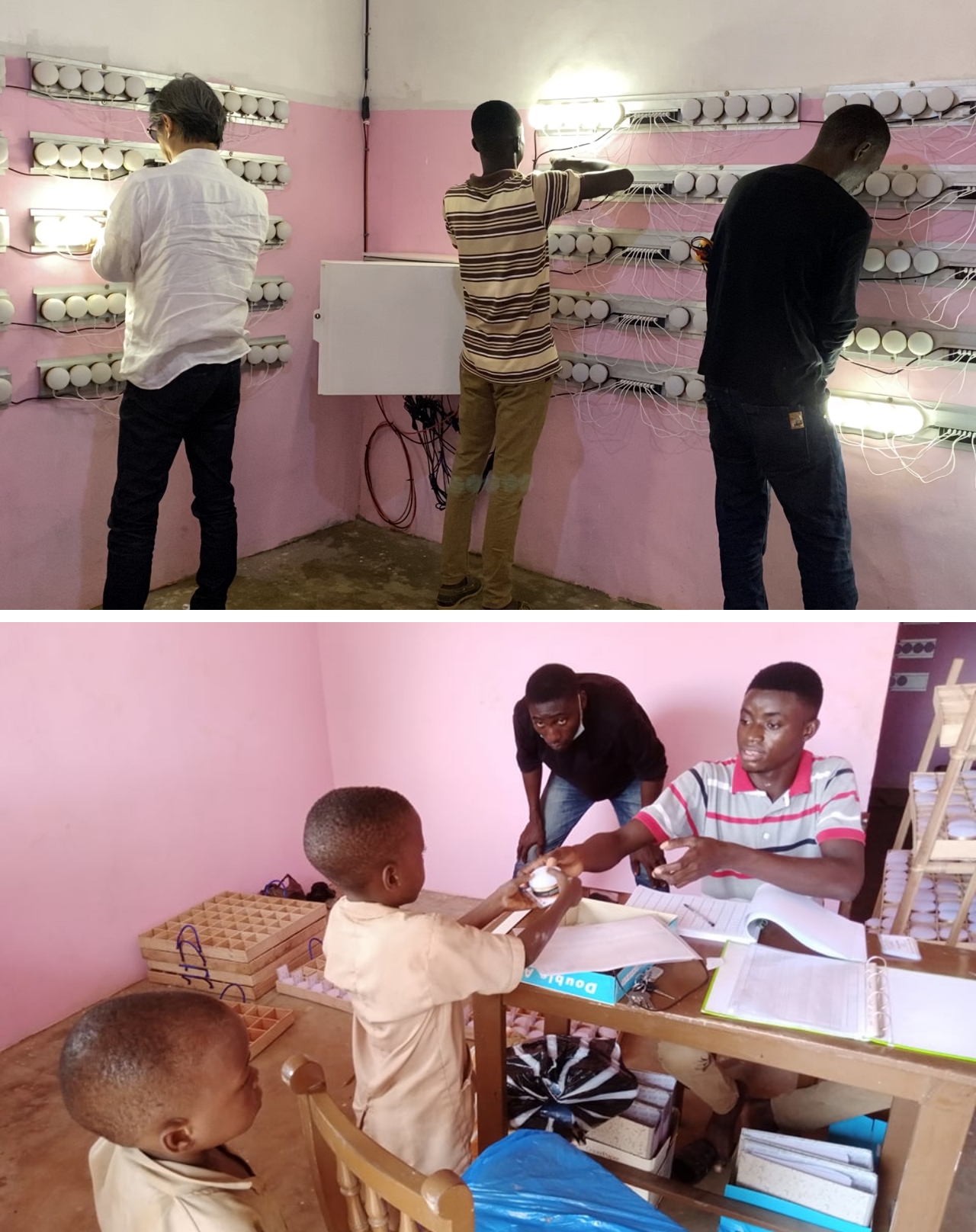 Photos of (Top) Lantern recharging devices connected to solar panels installed on the school roof. (Bottom) Receiving lanterns from elementary school children.