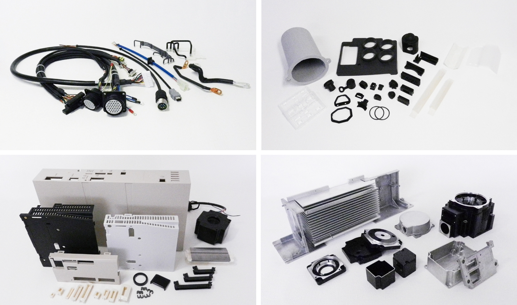 Photo of Wire harnesses (top left) are FUJIX’s key products, offering configurations optimized for automobiles, industrial equipment, and various other fields. The company is expanding its production to include a variety of products such as rubber and insulation paper (top right), molded resin products (bottom left), and aluminum parts (bottom right)