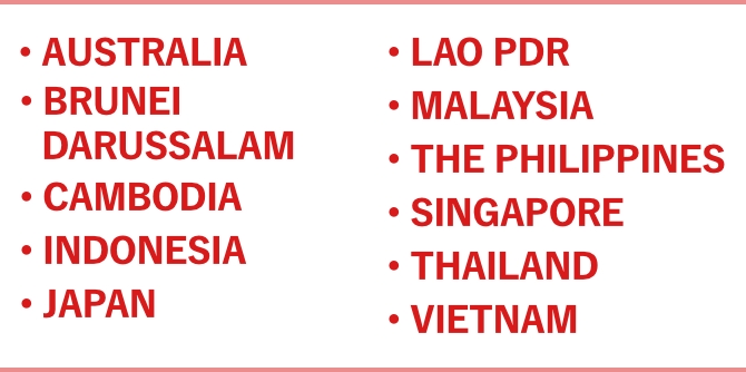 -Australia -Brunei Darussalam -Cambodia -Indonesia -Japan -Lao PDR -Malaysia -The Philippines -Singapore -Thailand -Vietnam