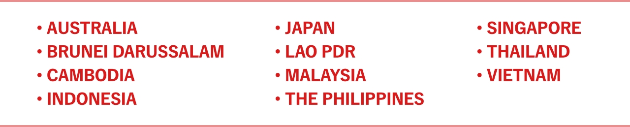 -Australia -Brunei Darussalam -Cambodia -Indonesia -Japan -Lao PDR -Malaysia -The Philippines -Singapore -Thailand -Vietnam