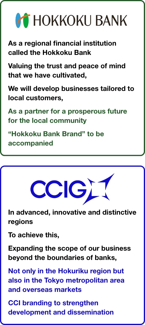Image of Hokkoku Bank, CCIG logo. [Hokkoku Bank] As a regional financial institution called Hokkoku Bank, valuing the trust and peace of mind that we have cultivated, we will develop businesses tailored to local customers. As a partner for a prosperous future for the local community, the “Hokkoku Bank Brand” will be accompanied. [CCIG] In advanced, innovative, and distinctive regions, to achieve this, we are expanding the scope of our business beyond the boundaries of banks. Not only in the Hokuriku region but also in the Tokyo metropolitan area and overseas markets, CCI branding will strengthen development and dissemination.