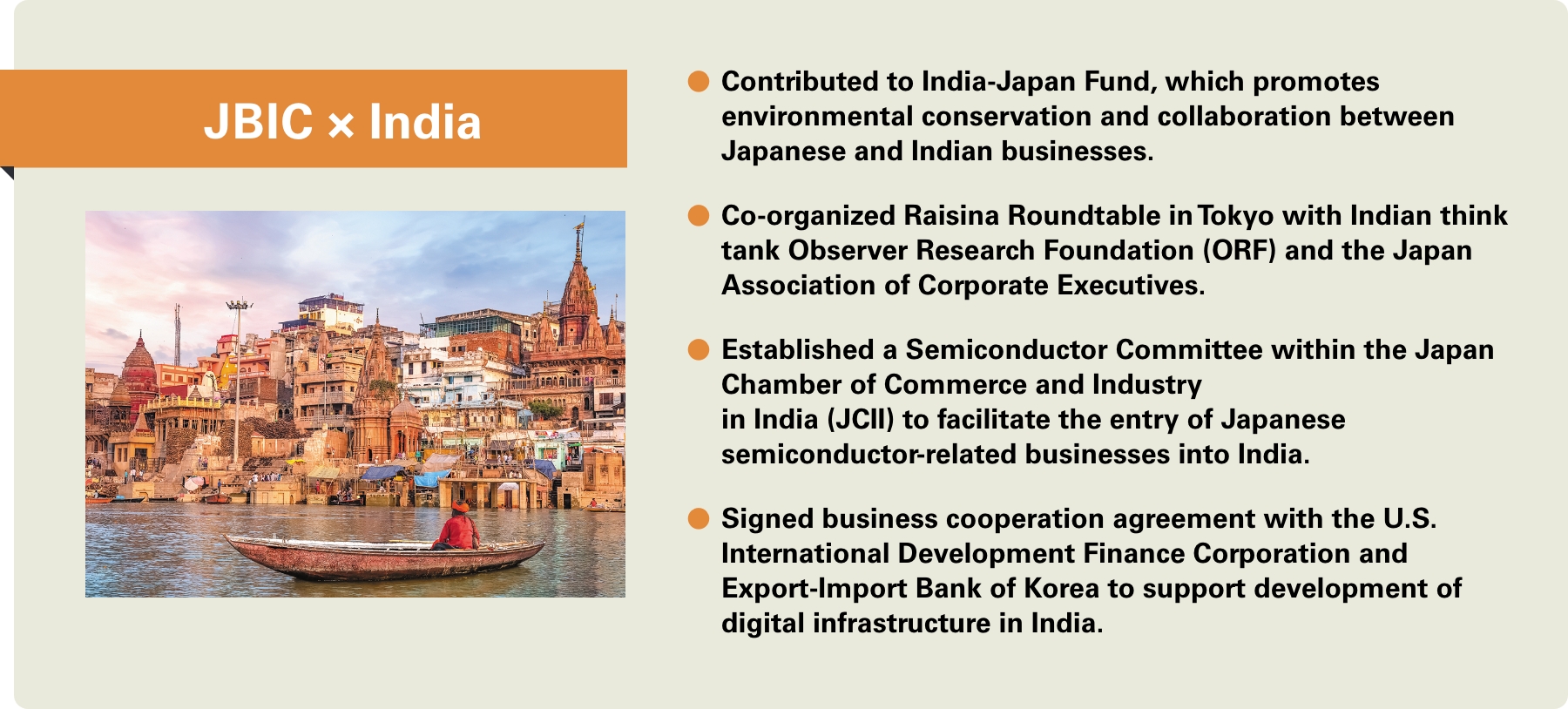 [JBIC×India] -Contributed to India-Japan Fund, which promotes environmental conservation and collaboration between Japanese and Indian businesses. -Co-organized Raisina Roundtable in Tokyo with Indian think tank Observer Research Foundation (ORF) and the Japan Association of Corporate Executives. -Established a Semiconductor Committee within the Japan Chamber of Commerce and Industry in India (JCII) to facilitate the entry of Japanese semiconductor-related businesses into India. -Signed business cooperation agreement with the U.S. International Development Finance Corporation and Export-Import Bank of Korea to support development of digital infrastructure in India.