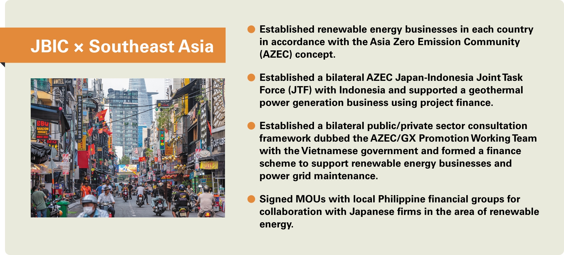 [JBIC×Southeast Asia] -Established renewable energy businesses in each country in accordance with the Asia Zero Emission Community (AZEC) concept. -Established a bilateral AZEC Japan-Indonesia Joint Task Force (JTF) with Indonesia and supported a geothermal power generation business using project finance. -Established a bilateral public/private sector consultation framework dubbed the AZEC/GX Promotion Working Team with the Vietnamese government and formed a finance scheme to support renewable energy businesses and power grid maintenance. -Signed MOUs with local Philippine financial groups for collaboration with Japanese firms in the area of renewable energy.
