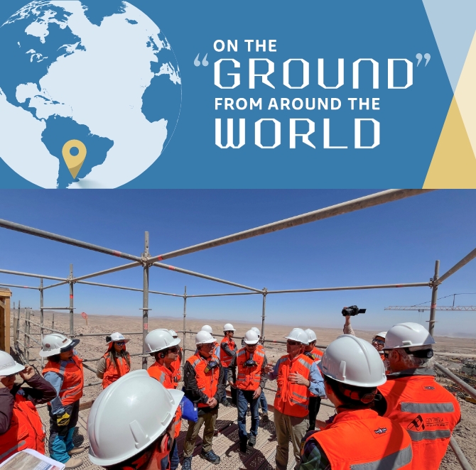 Photo of visiting a copper mine in Chile. “Site visits are valuable opportunities to directly sense the enthusiasm and expectations of our clients,” says TSUKAMOTO. “They change how I view and share information.”