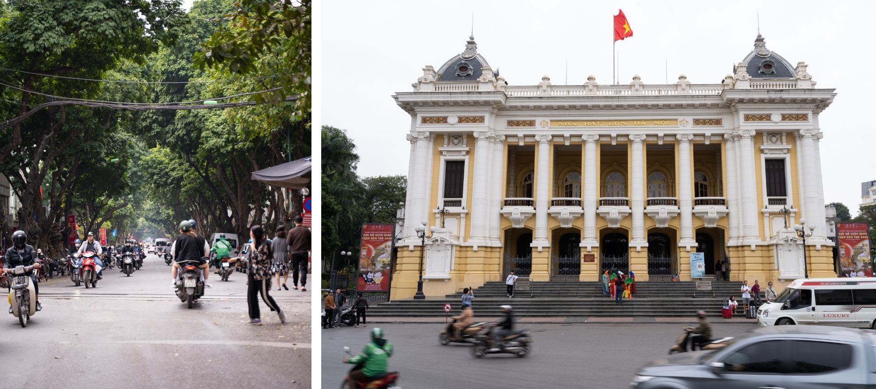 今でもバイクはハノイ市民の主要な交通手段だが、自動車も増えている（左）／1911年に完成し、100年以上の歴史を誇るハノイ歌劇場。発展を続けるハノイに今も残る古き良きベトナムを伝える建造物の1つ（右）の画像