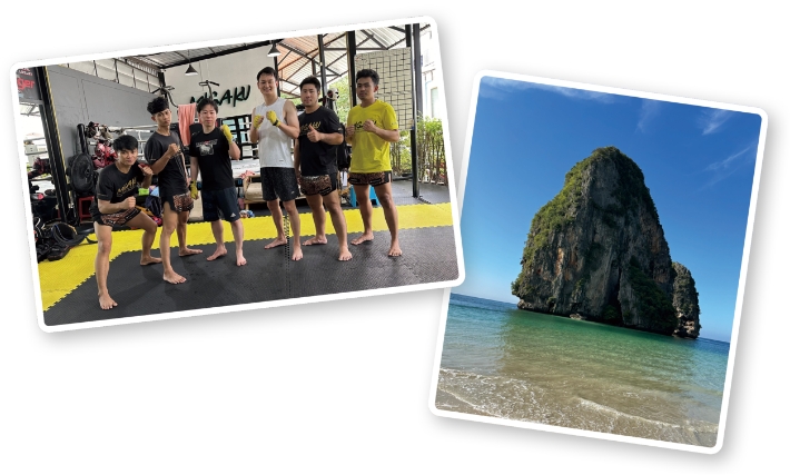 左:週末はムエタイのジムで汗を流す/右:タイ南部の観光地クラビのビーチ。現地駐在員に人気のスポットの画像