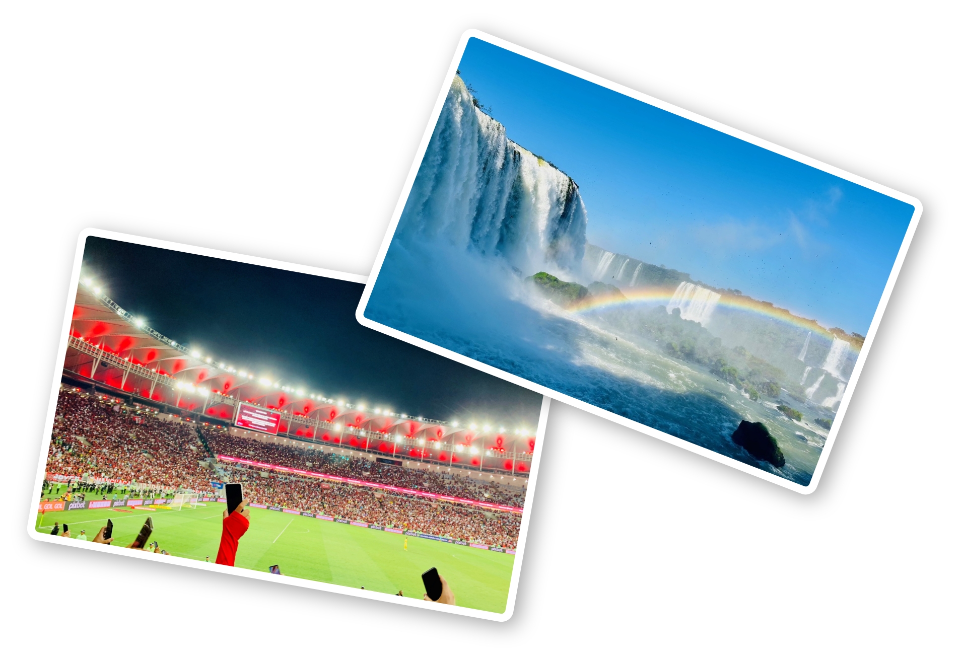 左：マラカナンスタジアムでサッカー観戦。シュートが決まると観客は大喜び／右：世界三大瀑布の１つ、イグアスの滝の画像