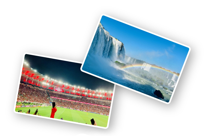 左：マラカナンスタジアムでサッカー観戦。シュートが決まると観客は大喜び／右：世界三大瀑布の１つ、イグアスの滝の画像