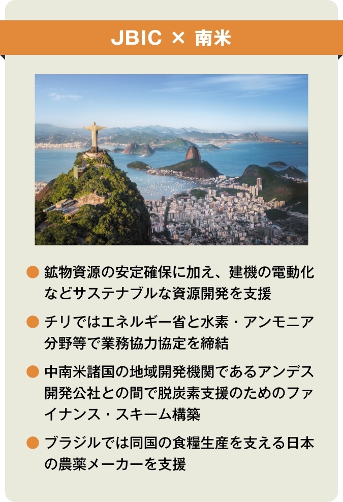 【JBIC×南米】●鉱物資源の安定確保に加え、建機の電動化などサステナブルな資源開発を支援 ●チリではエネルギー省と水素・アンモニア分野等で業務協力協定を締結 ●中南米諸国の地域開発機関であるアンデス開発公社との間で脱炭素支援のためのファイナンス・スキーム構築 ●ブラジルでは同国の食糧生産を支える日本の農薬メーカーを支援