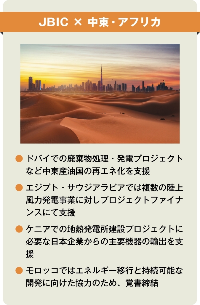 【JBIC×中東・アフリカ】●ドバイでの廃棄物処理・発電プロジェクトなど中東産油国の再エネ化を支援 ●エジプト・サウジアラビアでは複数の陸上風力発電事業に対しプロジェクトファイナンスにて支援 ●ケニアでの地熱発電所建設プロジェクトに必要な日本企業からの主要機器の輸出を支援 ●モロッコではエネルギー移行と持続可能な開発に向けた協力のため、覚書締結