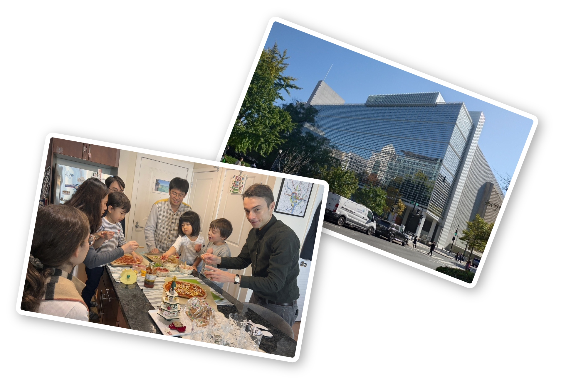 右：世界銀行本部。毎年秋、IMFと世銀の年次総会に参加する／左：ピザパーティーの様子。子どもが同年代の友人家族との画像
