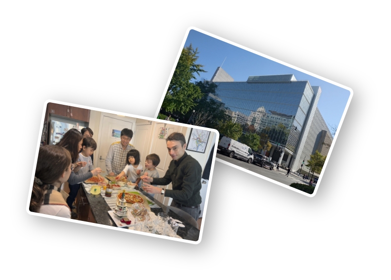 右：世界銀行本部。毎年秋、IMFと世銀の年次総会に参加する／左：ピザパーティーの様子。子どもが同年代の友人家族との画像
